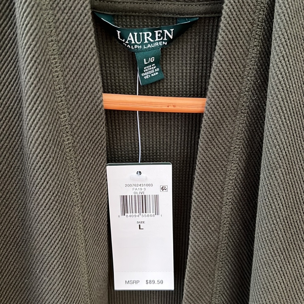 Ladies Shawl collar cascading top. Dark olive green.